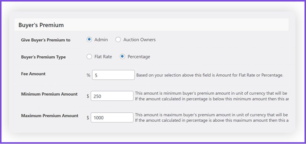 Buyer Premium Auction in WordPress Auction Plugin
