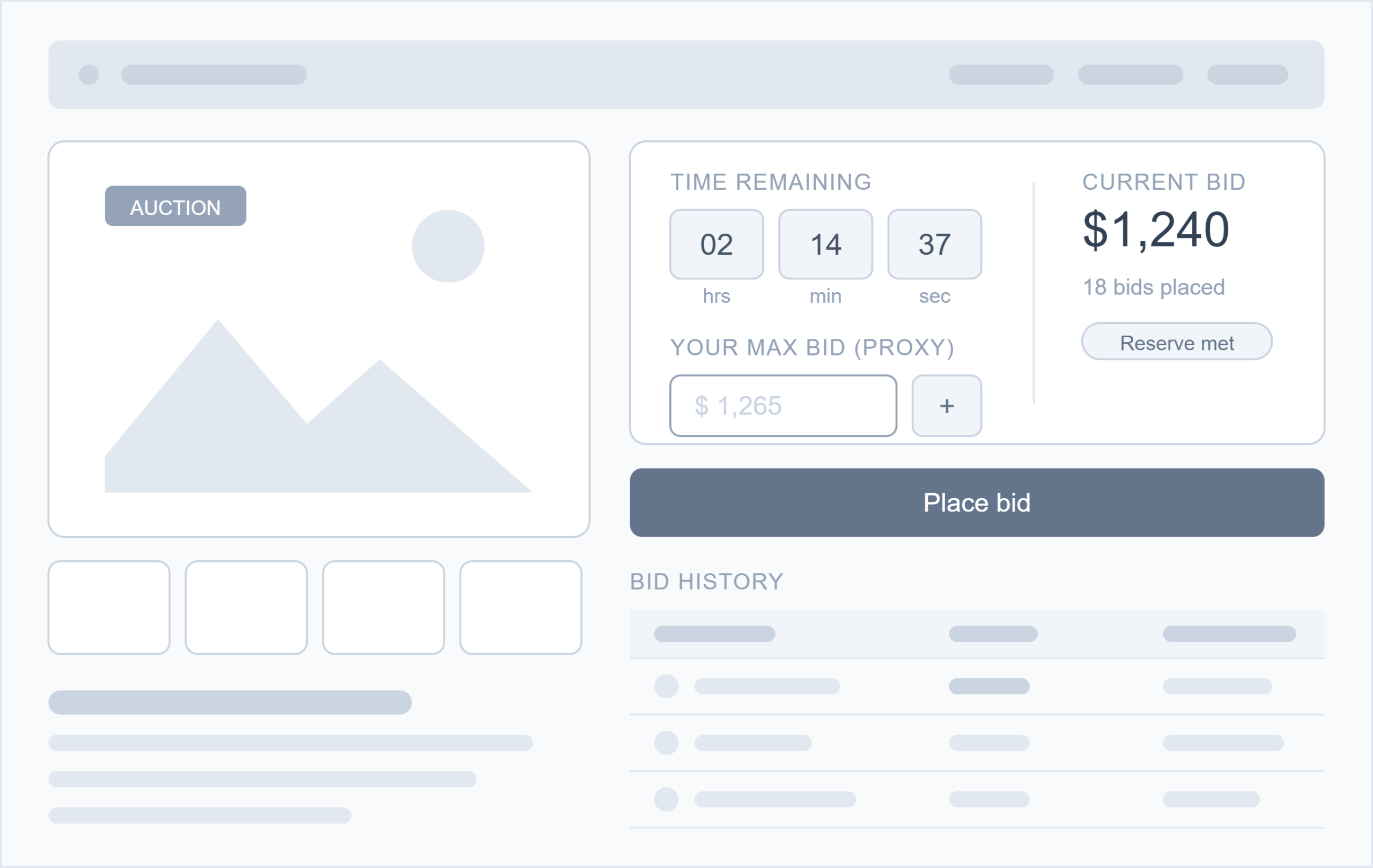 A typical auction product layout: countdown, current bid, proxy bid field, live bid history.