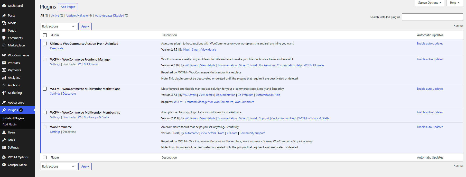 WordPress installed plugins list showing Ultimate Auction Pro and the free WCFM marketplace, a two-plugin setup