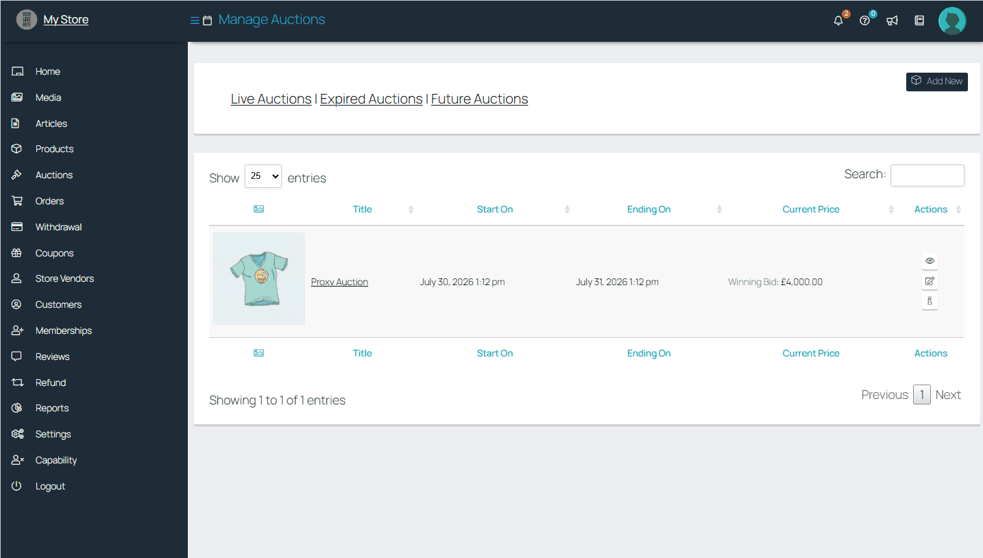 A vendor managing their own auction from the WCFM dashboard