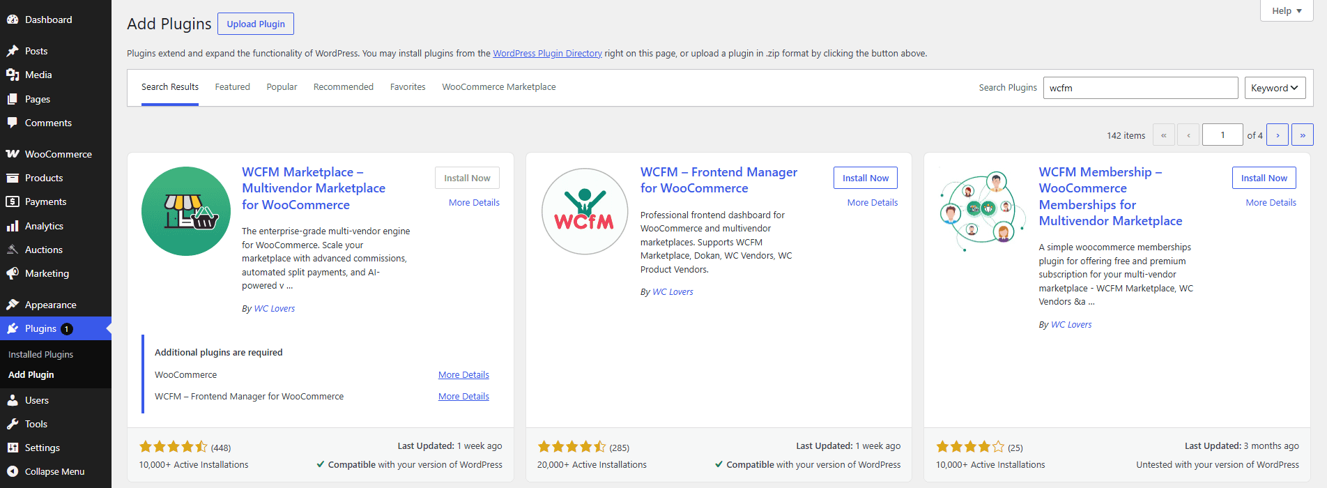 WCFM installs free from the WordPress plugin directory